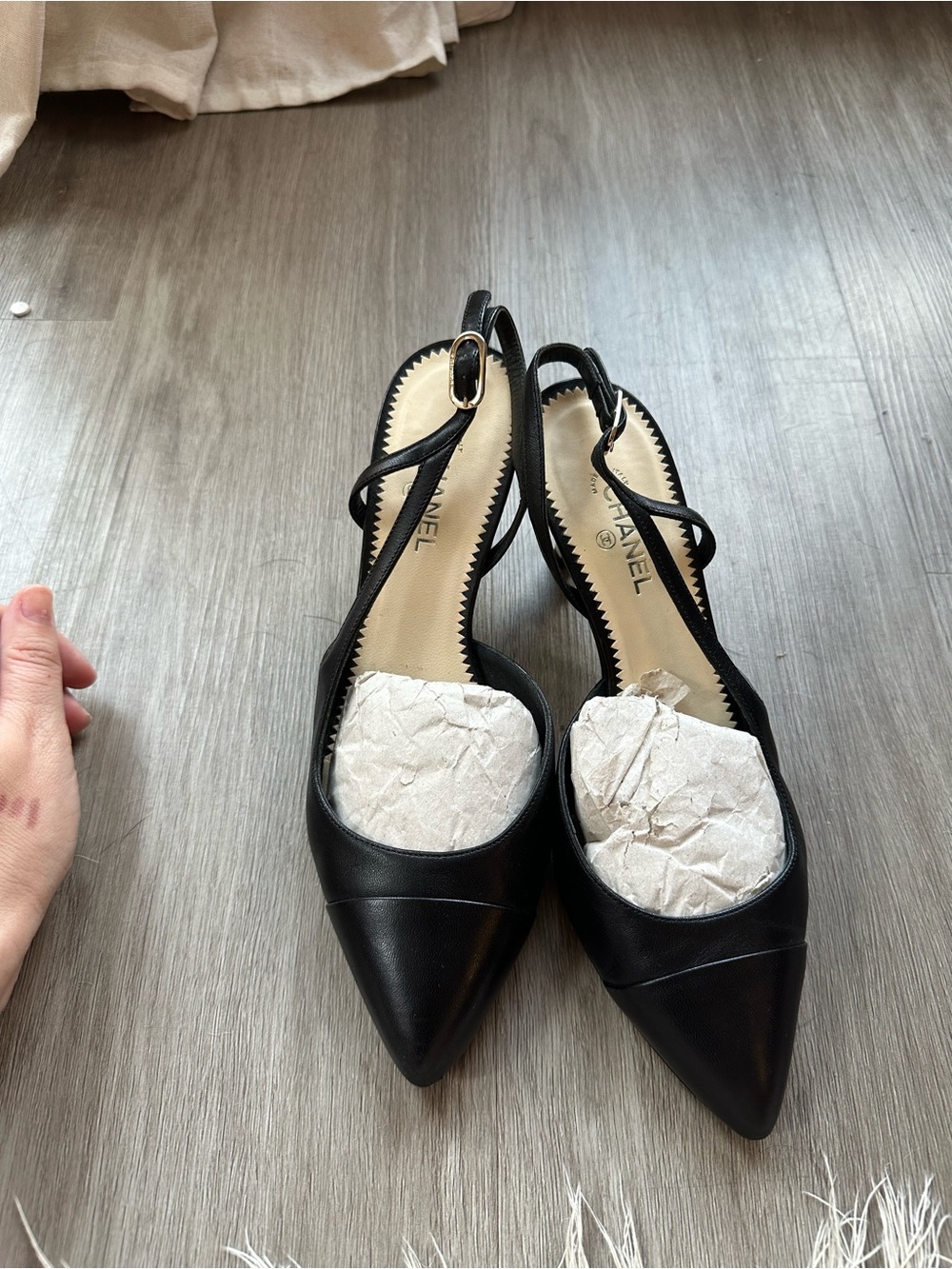 CHANEL Black Pointed Slingback Pumps with Gold Buckle